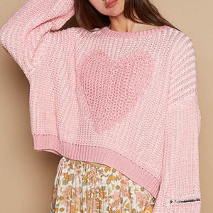 POL Round Neck Heart Patch Zipper Point Sleeve Sweater