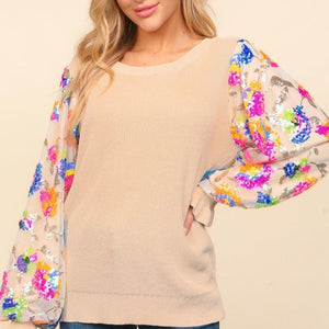 Haptics Floral Sequins Mesh Flounce Sleeve Sweater