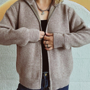 Zip Up Collared Neck Long Sleeve Cardigan