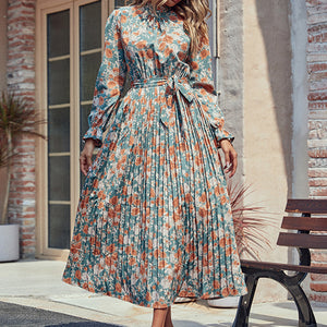 Perfee Tied Pleated Printed Mock Neck Long Sleeve Dress