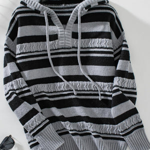 Drawstring Striped Long Sleeve Hooded Sweater