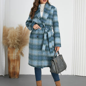 Plaid Tie Waist Long Sleeve Coat