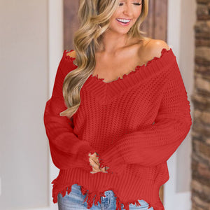 Frayed Hem Dropped Shoulder Sweater