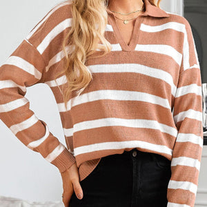 Many Striped Johnny Collar Long Sleeve Sweater