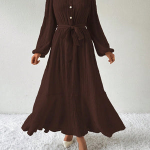 Half Button Tie Waist Long Sleeve Maxi Dress