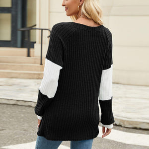 Color Block V-Neck Long Sleeve T-Shirt