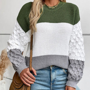 Color Block Round Neck Long Sleeve Sweater