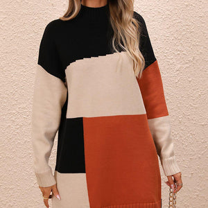 Color Block Mock Neck Dropped Shoulder Sweater Dress