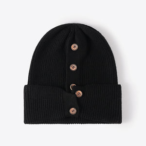 Button Detail Rib-Knit Cuff Beanie