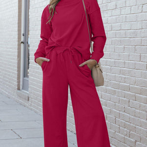 Double Take Full Size Textured Long Sleeve Top and Drawstring Pants Set