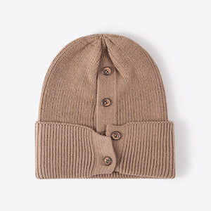 Button Detail Rib-Knit Cuff Beanie