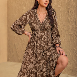 Ruched Printed V-Neck Long Sleeve Midi Dress