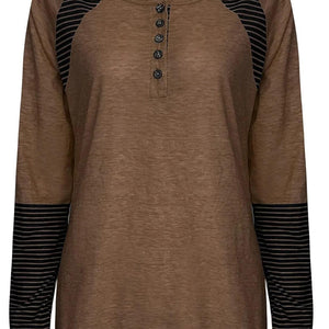 Full Size Striped Quarter Button Long Sleeve T-Shirt