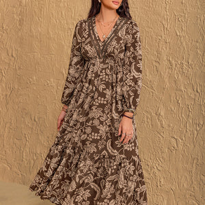 Ruched Printed V-Neck Long Sleeve Midi Dress