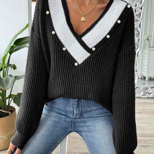 Contrast Trim Dropped Shoulder Long Sleeve Sweater