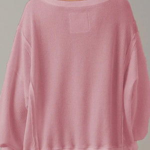 Slit Waffle-Knit Round Neck Long Sleeve Top