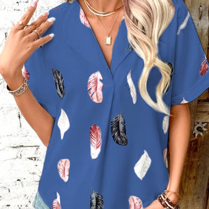 Full Size Printed Collared Neck Short Sleeve Blouse