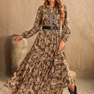 Ruched Printed Notched Long Sleeve Maxi Dress