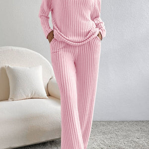 Ribbed V-Neck Top and Pants Lounge Set