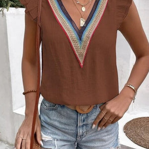 Full Size Ruffled V-Neck Cap Sleeve Blouse