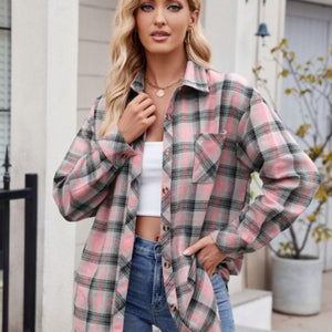 Mandy Pocketed Plaid Collared Neck Long Sleeve Shirt