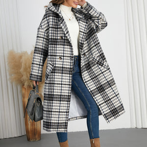 Plaid Double-Breasted Long Sleeve Longline Coat