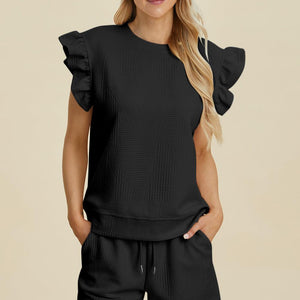 Double Take Full Size Texture Round Neck Ruffle Sleeve Top and Shorts Set