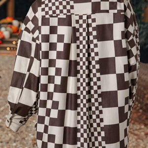 Pocketed Checkered Button Up Long Sleeve Jacket