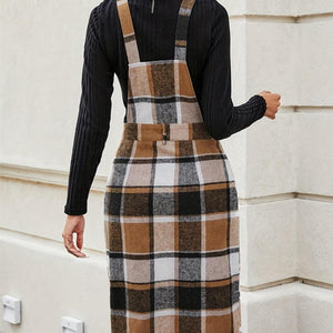 Slit Plaid Wide Strap Overall Dress