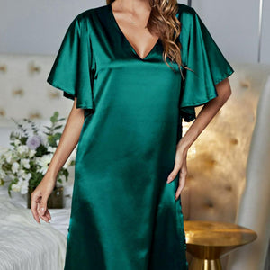 Satin Flutter Sleeve Side Slit V-Neck Night Dress