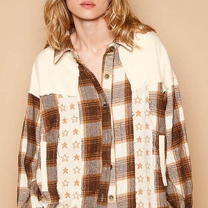 POL Plaid & Star Patchwork Contrast Long Sleeve Shacket