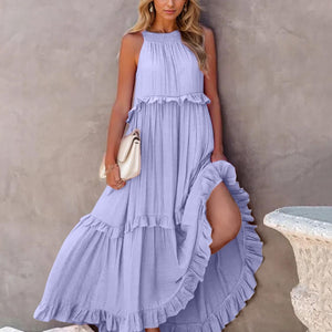 Ruffled Sleeveless Tiered Maxi Dress with Pockets