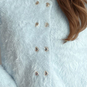 Heart Button Round Neck Cardigan