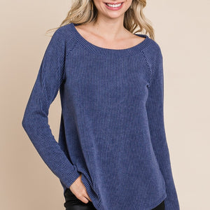 Super Lady Full Size Rib Texture Boat Neck Top