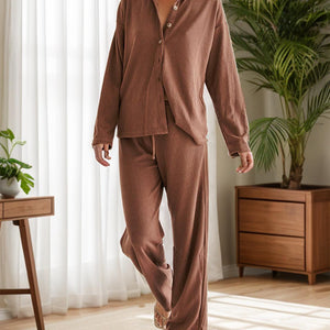 Collared Neck Long Sleeve Top and Drawstring Pants Set