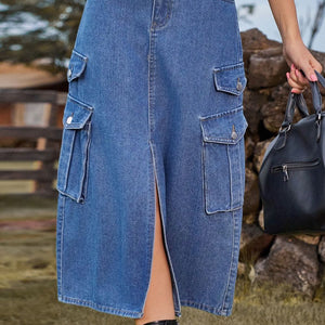 Slit Front Midi Denim Skirt with Pockets