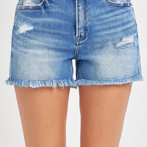 RISEN Full Size High Rise Distressed Raw Hem Denim Shorts