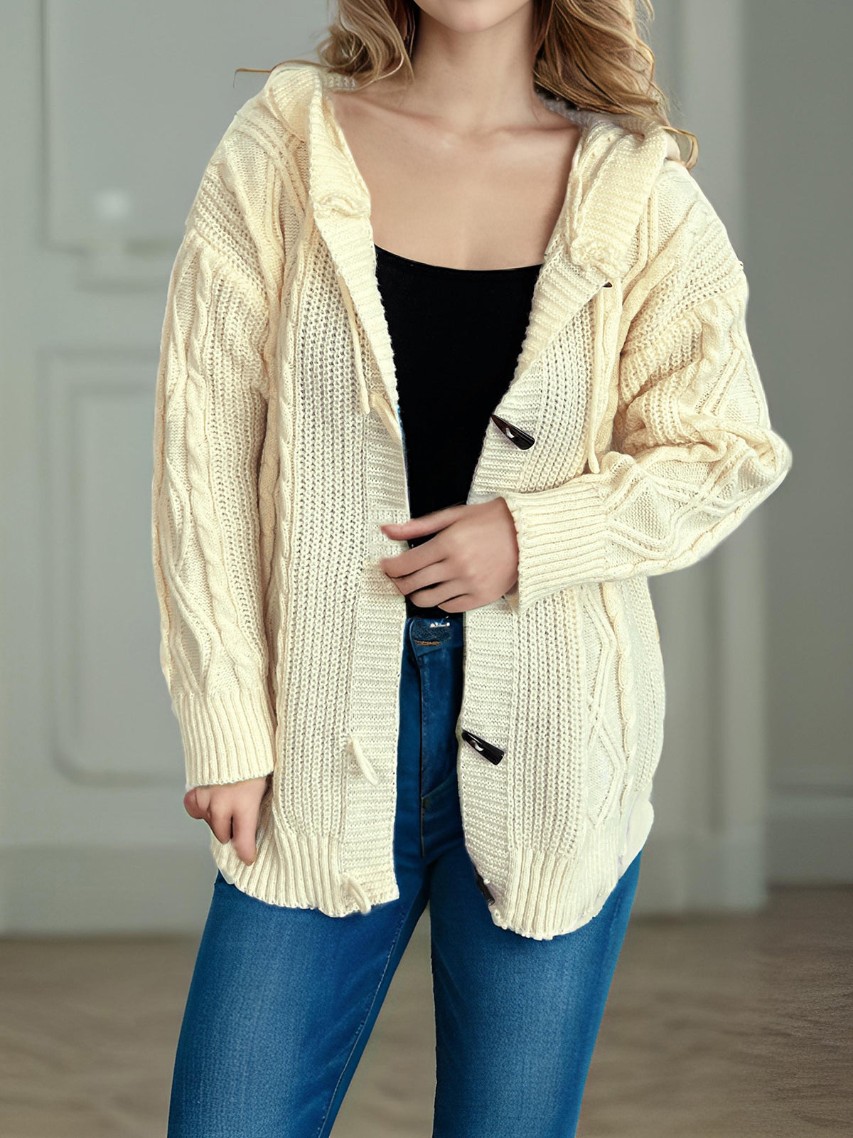 Cable-Knit Long Sleeve Hooded Cardigan