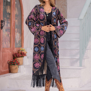 Fringe Open Front Long Sleeve Cardigan