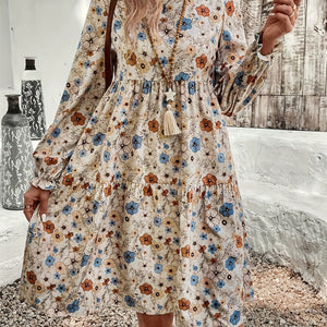 Ruffled Printed Round Neck Long Sleeve Dress