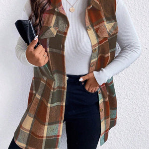 Honey Plus Size Pocketed Plaid Button Up Vest Coat