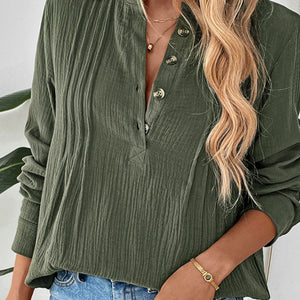 Perfee Textured Notched Long Sleeve Blouse