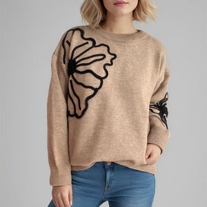 Flower Round Neck Long Sleeve Sweater