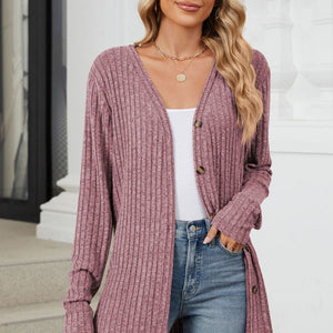 Ribbed Button Up Long Sleeve Cardigan