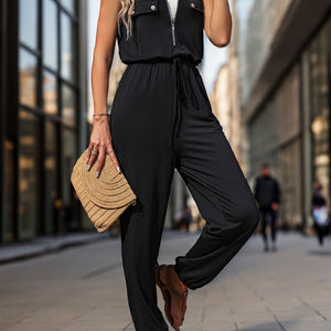 Perfee Half Zip Sleeveless Jumpsuit with Pockets