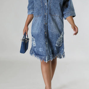 Distressed Raw Hem Button Up Denim Dress