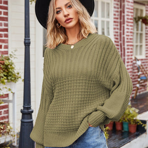 Ribbed Drop Shoulder Lantern Sleeve Sweater