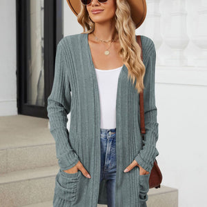 Pocketed Open Front Long Sleeve Cardigan