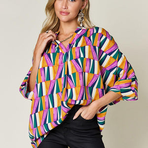 Double Take Full Size Geometric Notched Dolman Sleeve Top