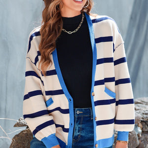 Striped Button Up Long Sleeve Cardigan